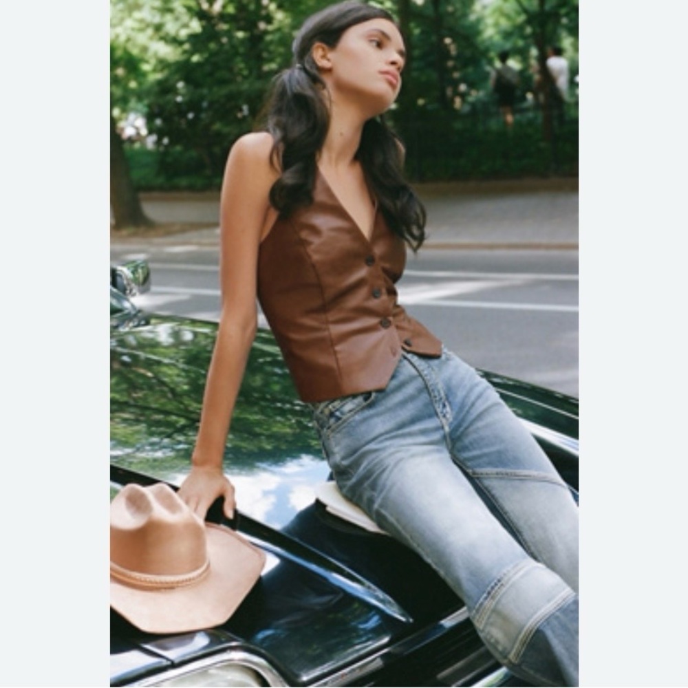 Avec Les Filles Brown Faux Leather Button Front Vest
